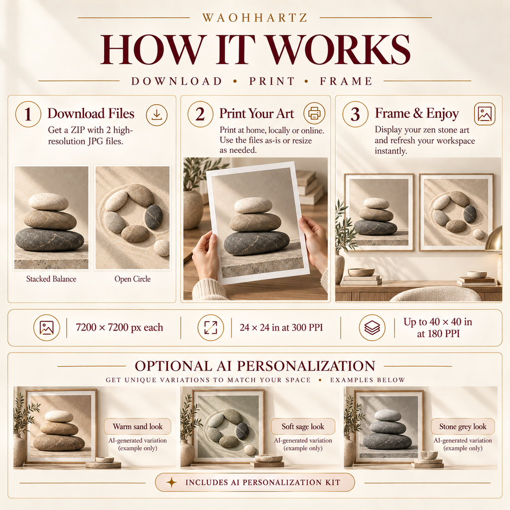 Stone Balance Pair how it works image showing download, print and frame workflow plus optional AI personalization examples in warm sand, soft sage and stone grey palettes.