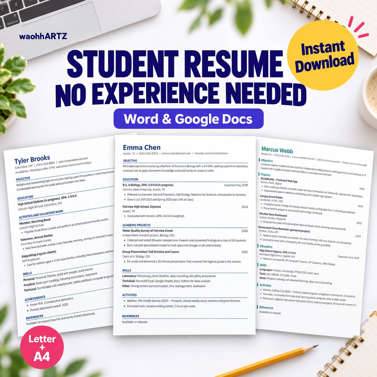Student resume template no experience needed Word Google Docs one page