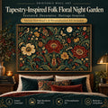 Tapestry-inspired folk floral night garden wall art in a layered traditional bedroom with deep teal, oxblood and antique gold accents