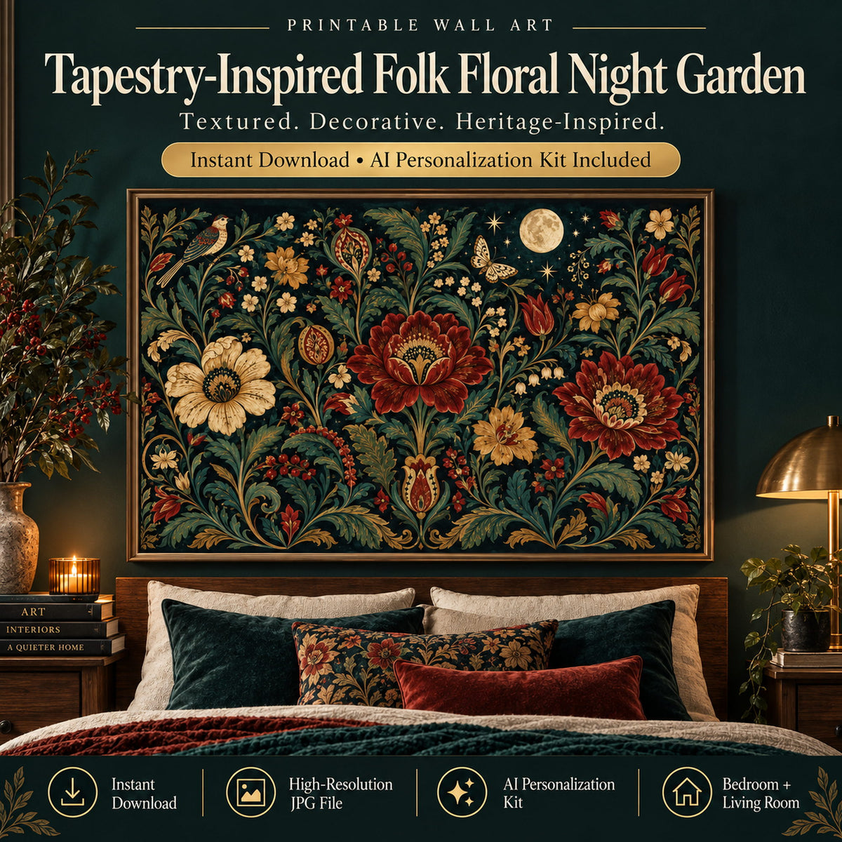 Tapestry-inspired folk floral night garden wall art in a layered traditional bedroom with deep teal, oxblood and antique gold accents