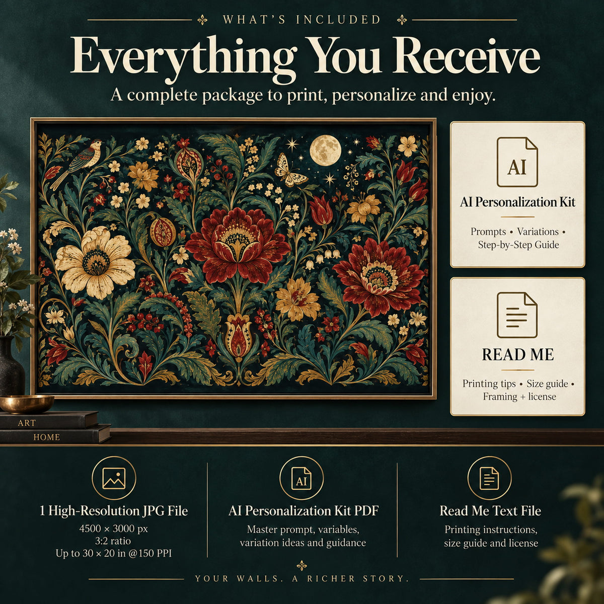 Tapestry-inspired folk floral wall art digital download with high-resolution JPG, AI Personalization Kit PDF and read me guide