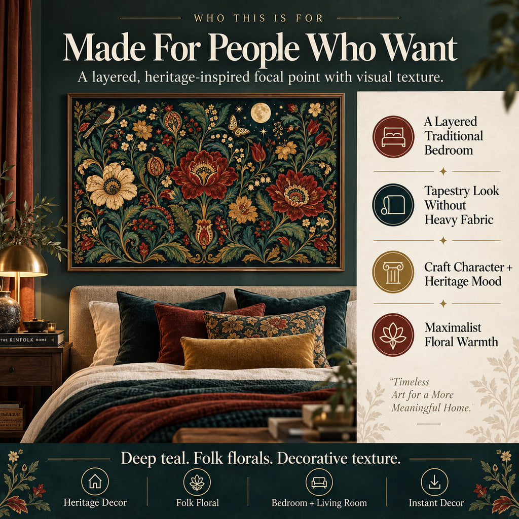 Folk floral wall decor for layered traditional bedrooms, maximalist interiors, vintage textile lovers and heritage-inspired homes