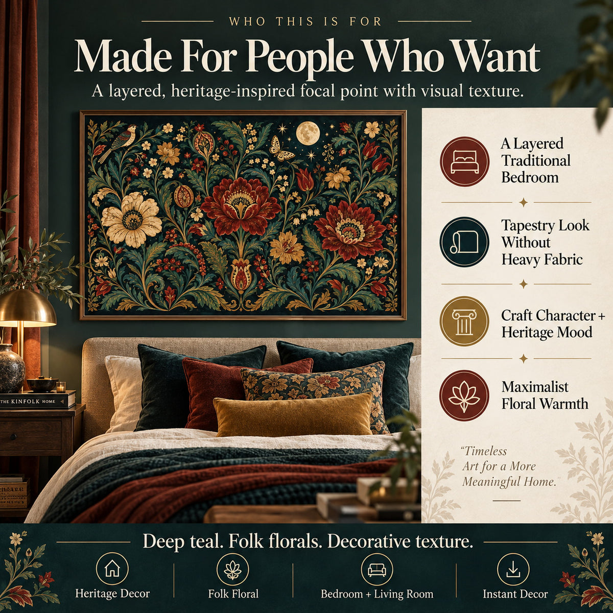 Folk floral wall decor for layered traditional bedrooms, maximalist interiors, vintage textile lovers and heritage-inspired homes