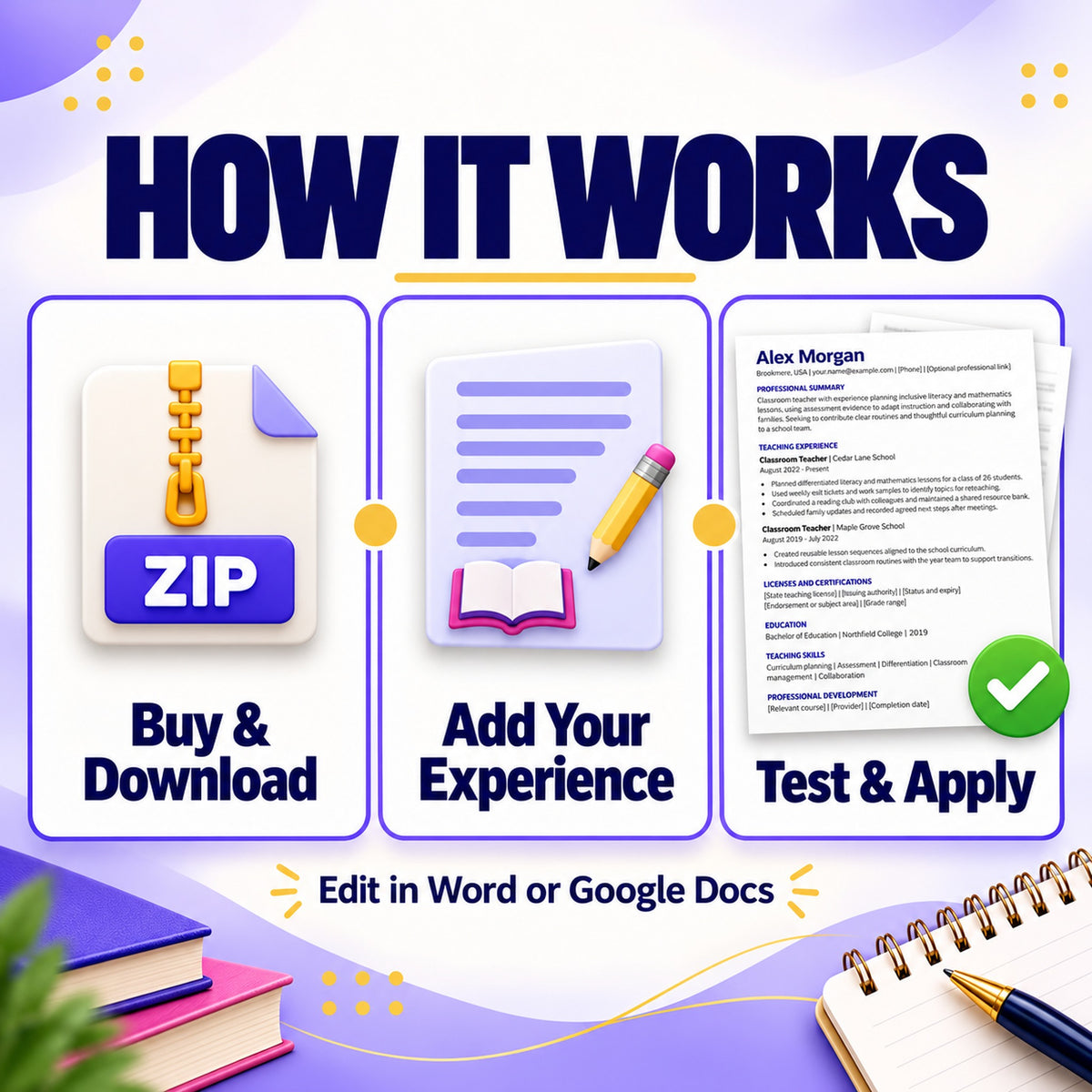 How to use the teacher resume template: download, add your experience in Word or Google Docs, test and apply