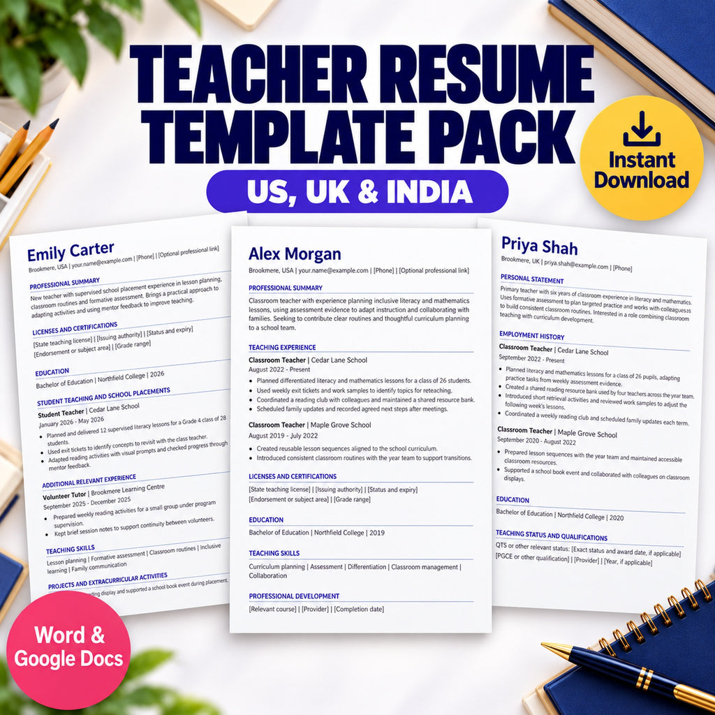 Teacher resume template with classroom achievements, Word and Google Docs layouts for US, UK and India