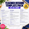 Teacher resume template with classroom achievements, Word and Google Docs layouts for US, UK and India