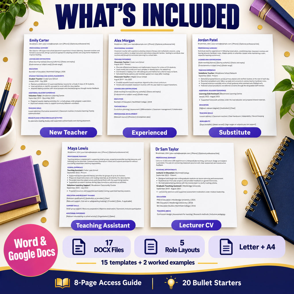 Five teacher resume layouts with 17 DOCX files, Letter and A4 sizes, an eight-page guide and 20 bullet starters