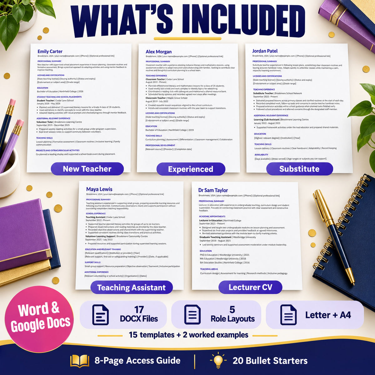 Five teacher resume layouts with 17 DOCX files, Letter and A4 sizes, an eight-page guide and 20 bullet starters