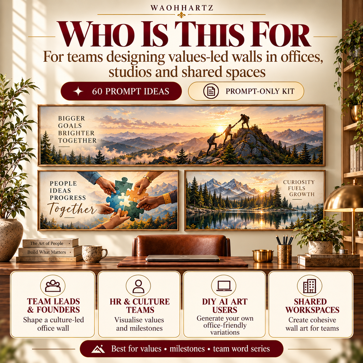 Team Values and Milestone Art AI prompt kit for team leads, founders, HR and culture teams, DIY AI art users and shared workplaces creating values-led wall art.