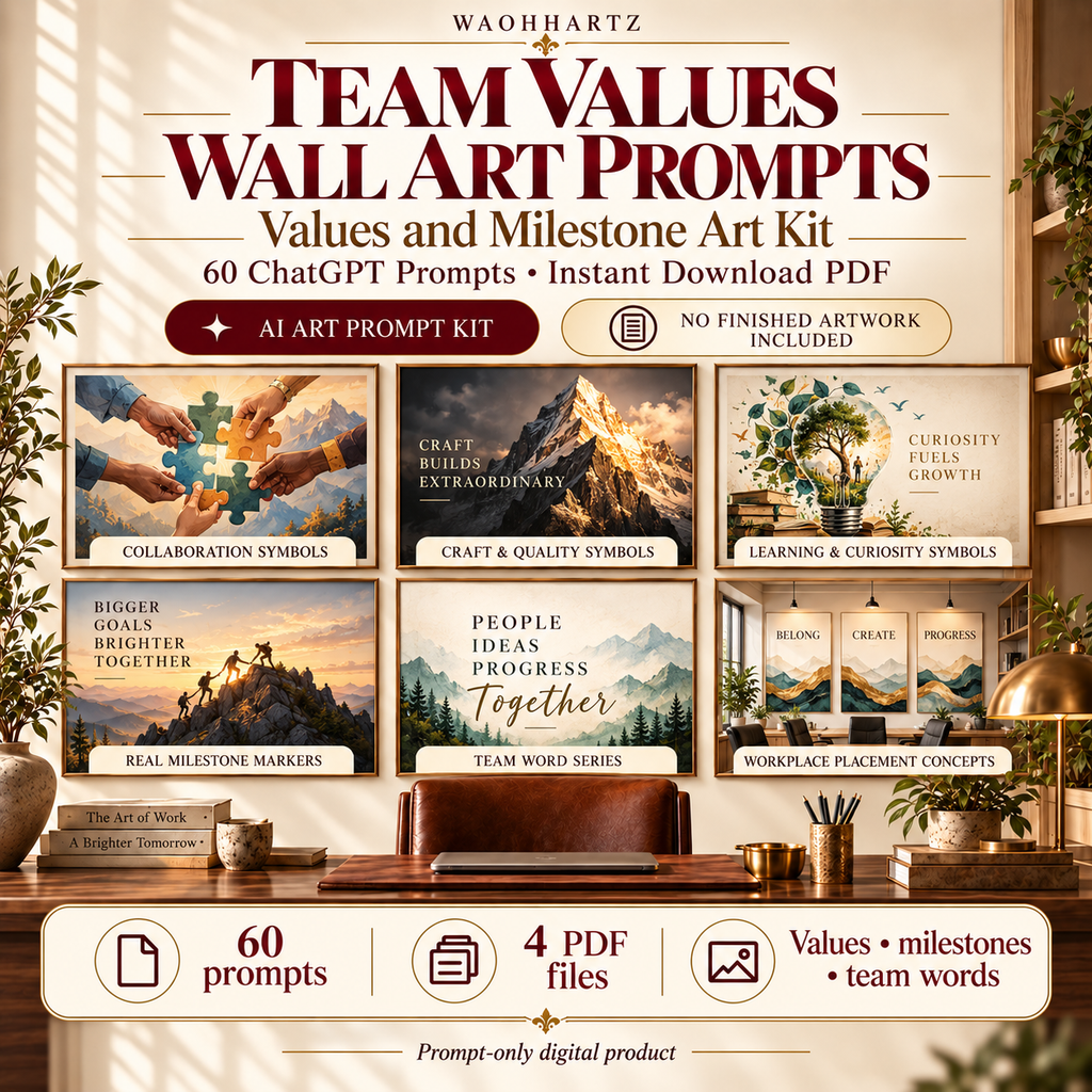 Team Values Wall Art Prompts values and milestone art kit with 60 ChatGPT prompts across collaboration, quality, curiosity, milestone, team-word and workplace-placement categories; prompt-only digital product.