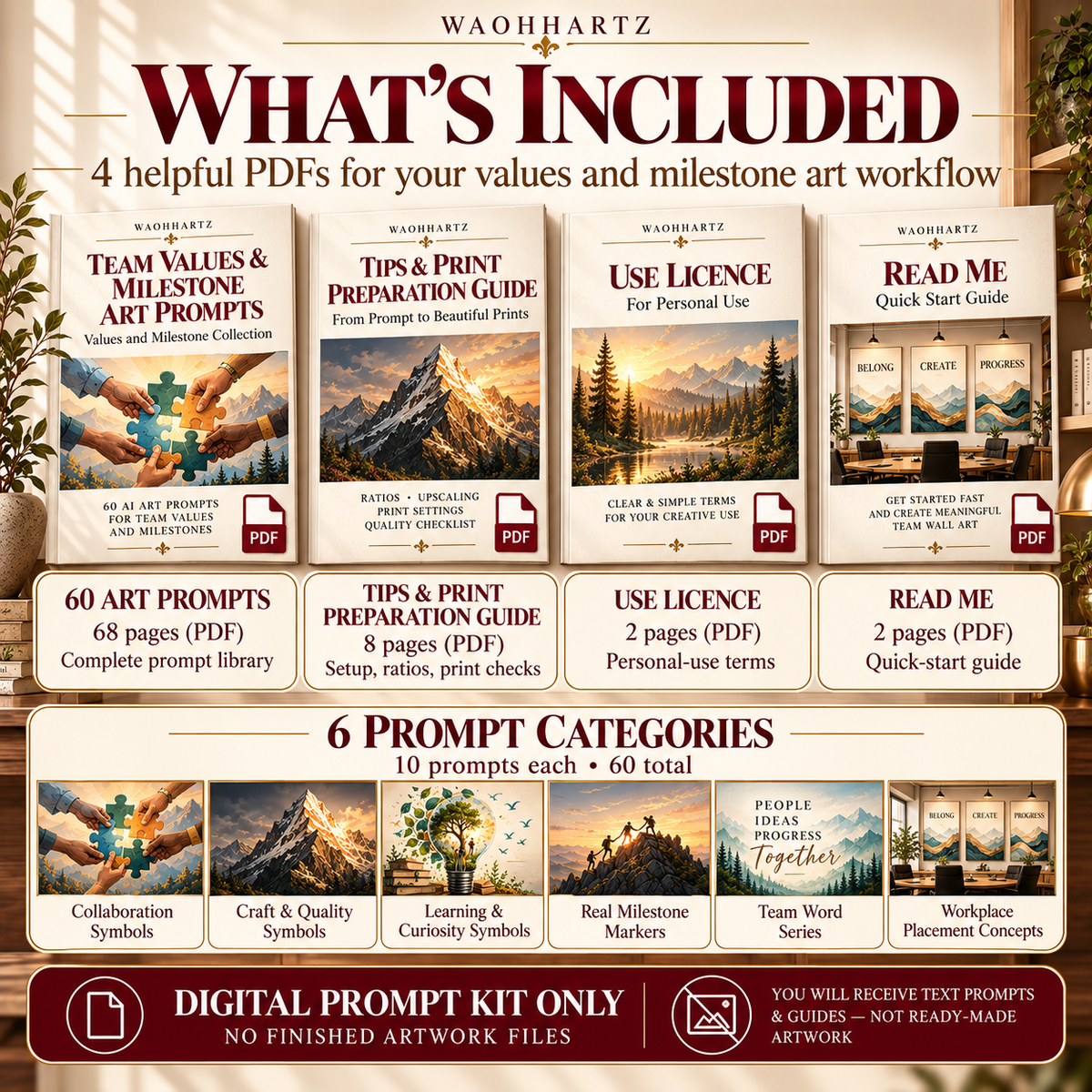 Team Values and Milestone Art prompt kit showing four included PDFs: 60 art prompts, Tips and Print Preparation Guide, Use Licence and Read Me, plus six prompt categories.