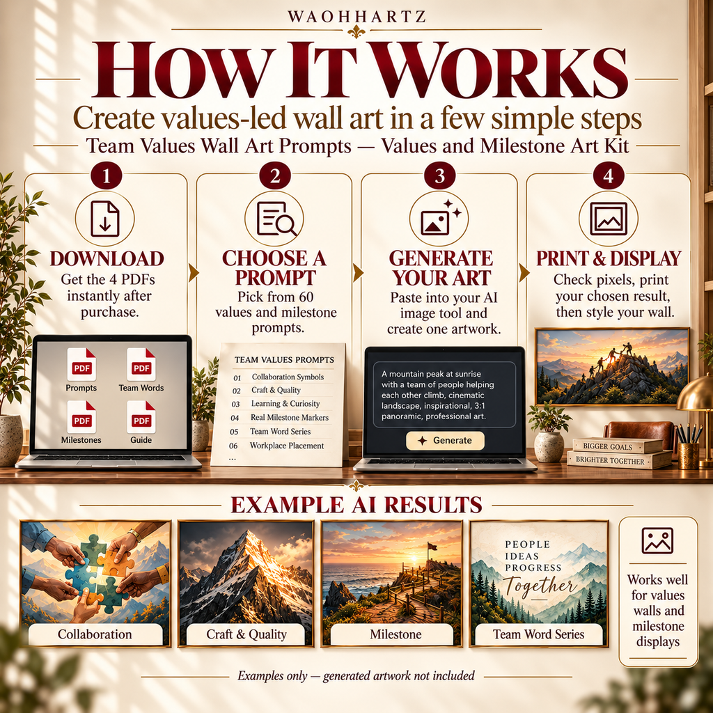 Team Values and Milestone Art prompt kit how-it-works image showing download, choose a prompt, generate artwork and print or display, with example AI results not included.
