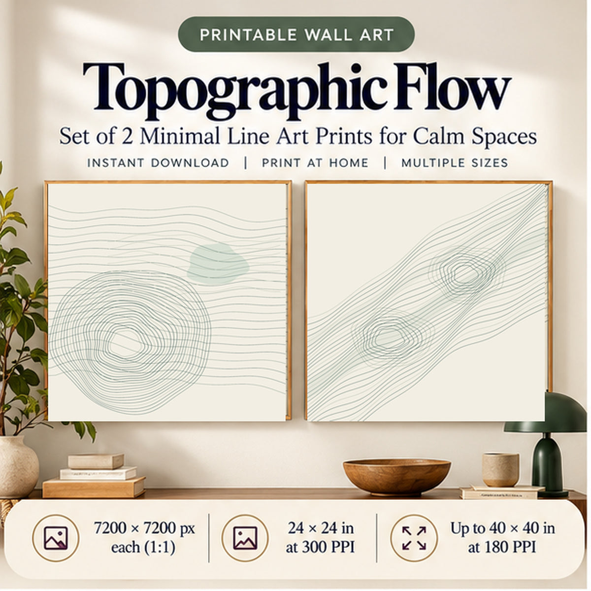 Topographic Flow printable wall art set of 2 displayed in a calm workspace, with Contour Basin and Contour Ridge plus 7200 × 7200 px, 24 × 24 in at 300 PPI and up to 40 × 40 in at 180 PPI print details.
