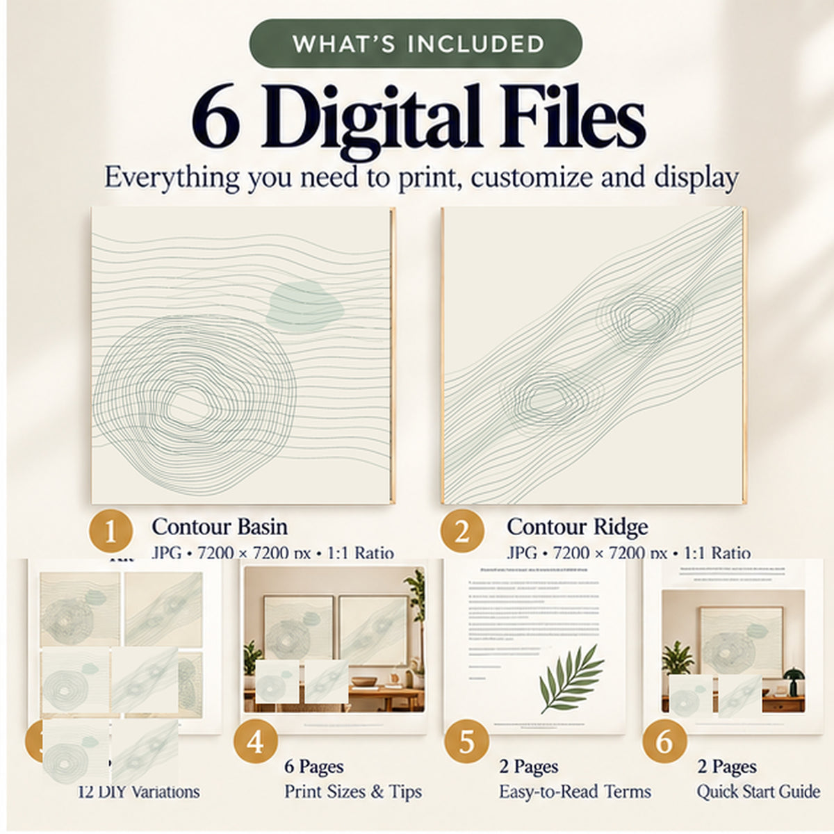 Topographic Flow digital download contents with Contour Basin, Contour Ridge, AI Personalization Kit, Printing Guide, Display Licence and Read Me.