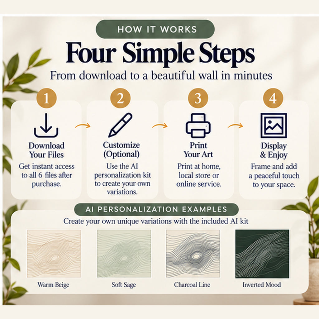 Topographic Flow how it works guide showing download, optional AI personalization, printing and display with contour-art variation examples.