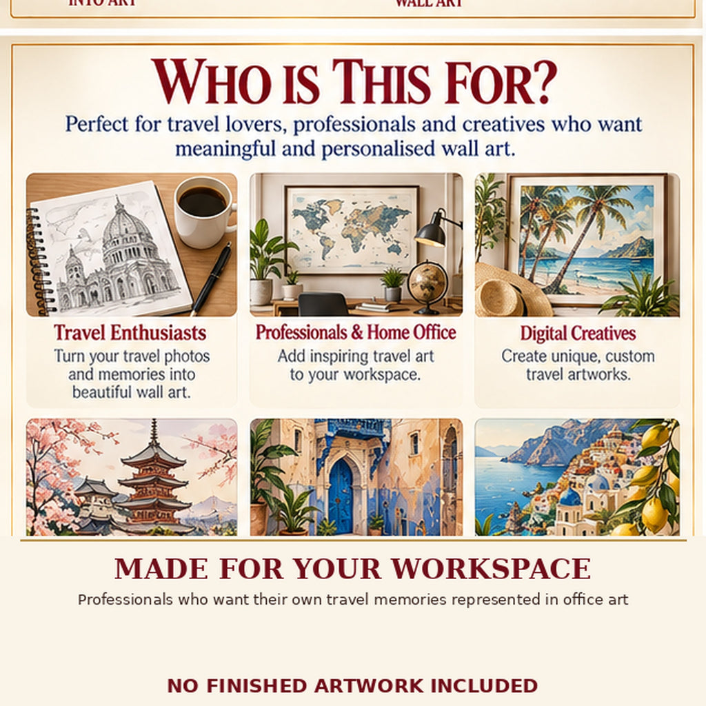 Travel Memory Workspace Art AI art prompt kit intended users with labelled example artwork; no finished art included.