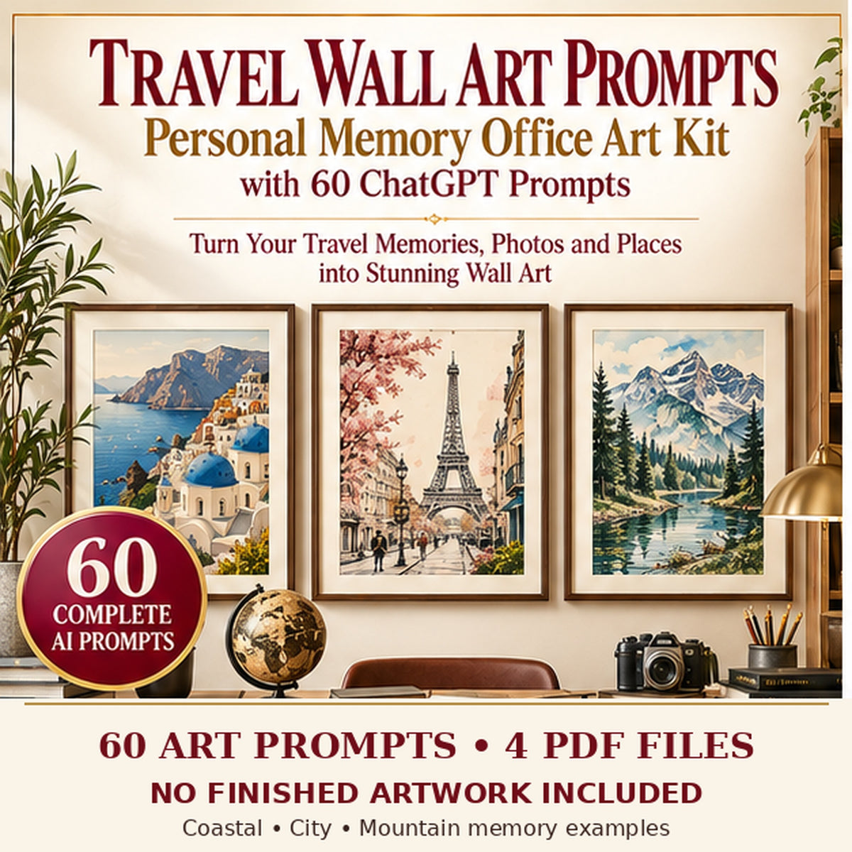 Travel Memory Workspace Art AI art prompt kit overview with labelled example artwork; no finished art included.