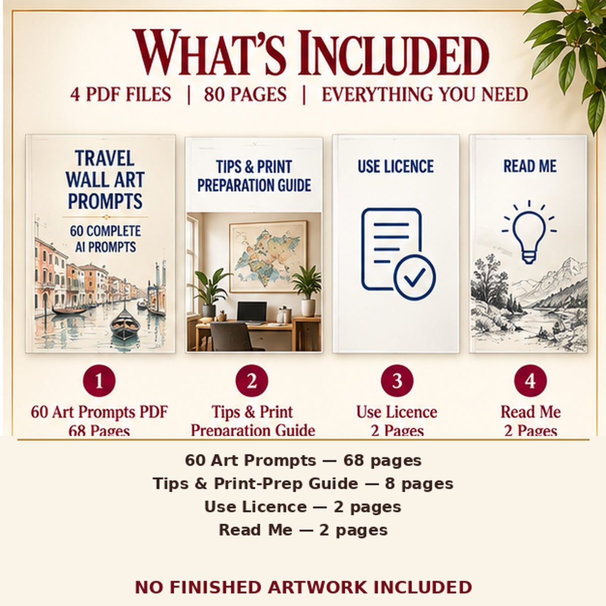 Travel Memory Workspace Art AI art prompt kit PDF file contents with labelled example artwork; no finished art included.