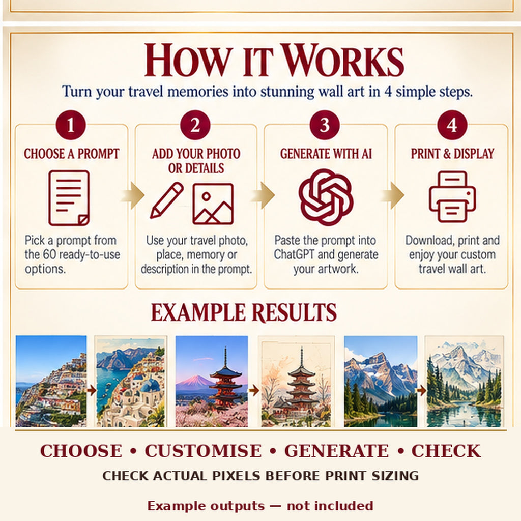 Travel Memory Workspace Art AI art prompt kit four-step creation workflow with labelled example artwork; no finished art included.