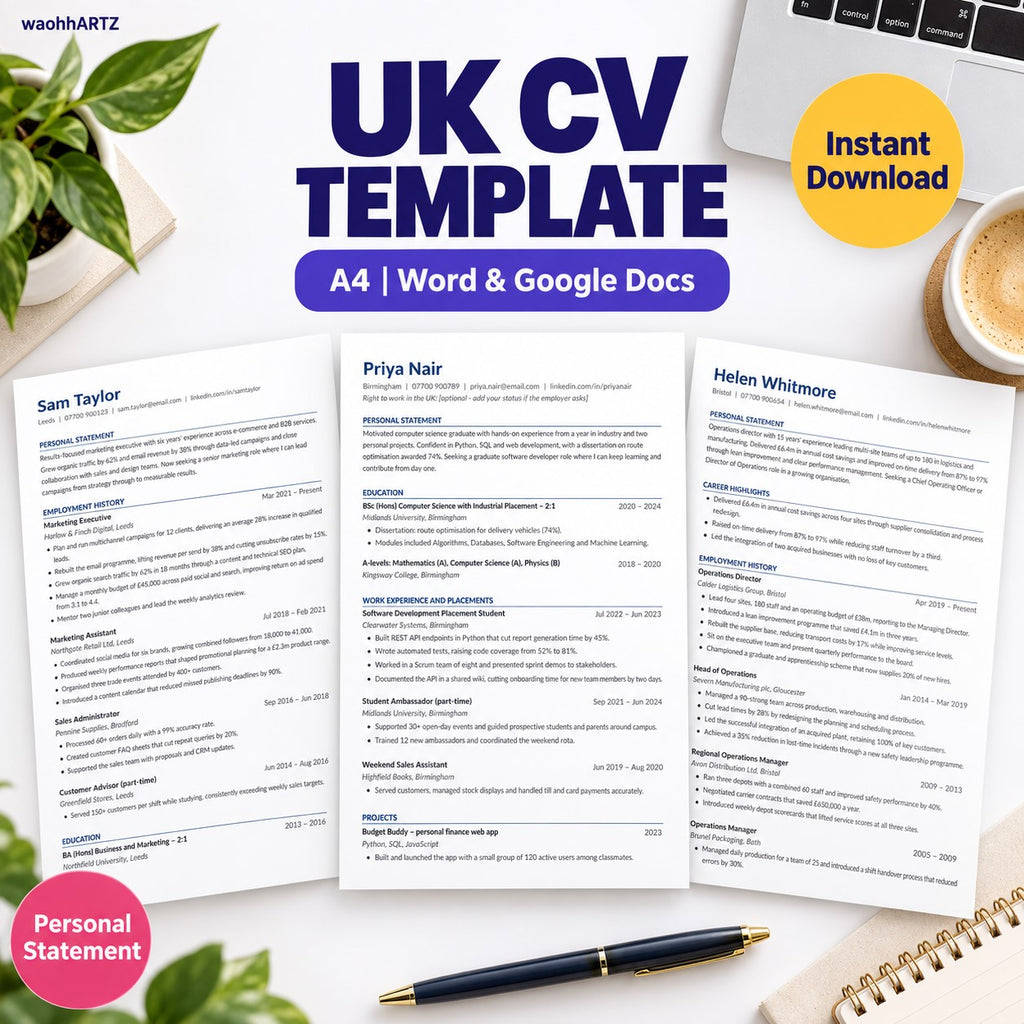 UK CV Template Pack — A4 Word & Google Docs — Personal Statement, 5 Layouts, ATS-Friendly — Instant Download