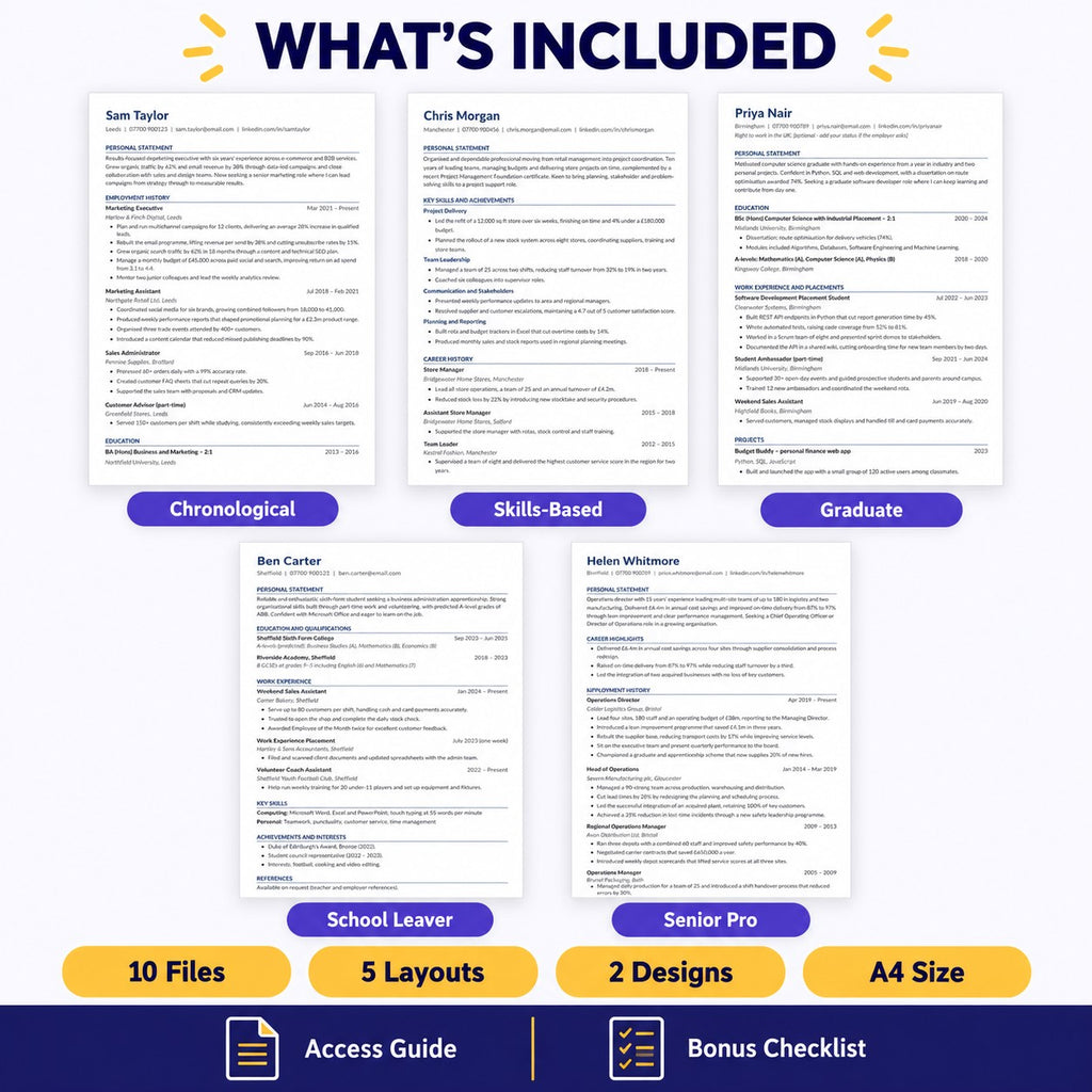 UK CV Template Pack — A4 Word & Google Docs — Personal Statement, 5 Layouts, ATS-Friendly — Instant Download