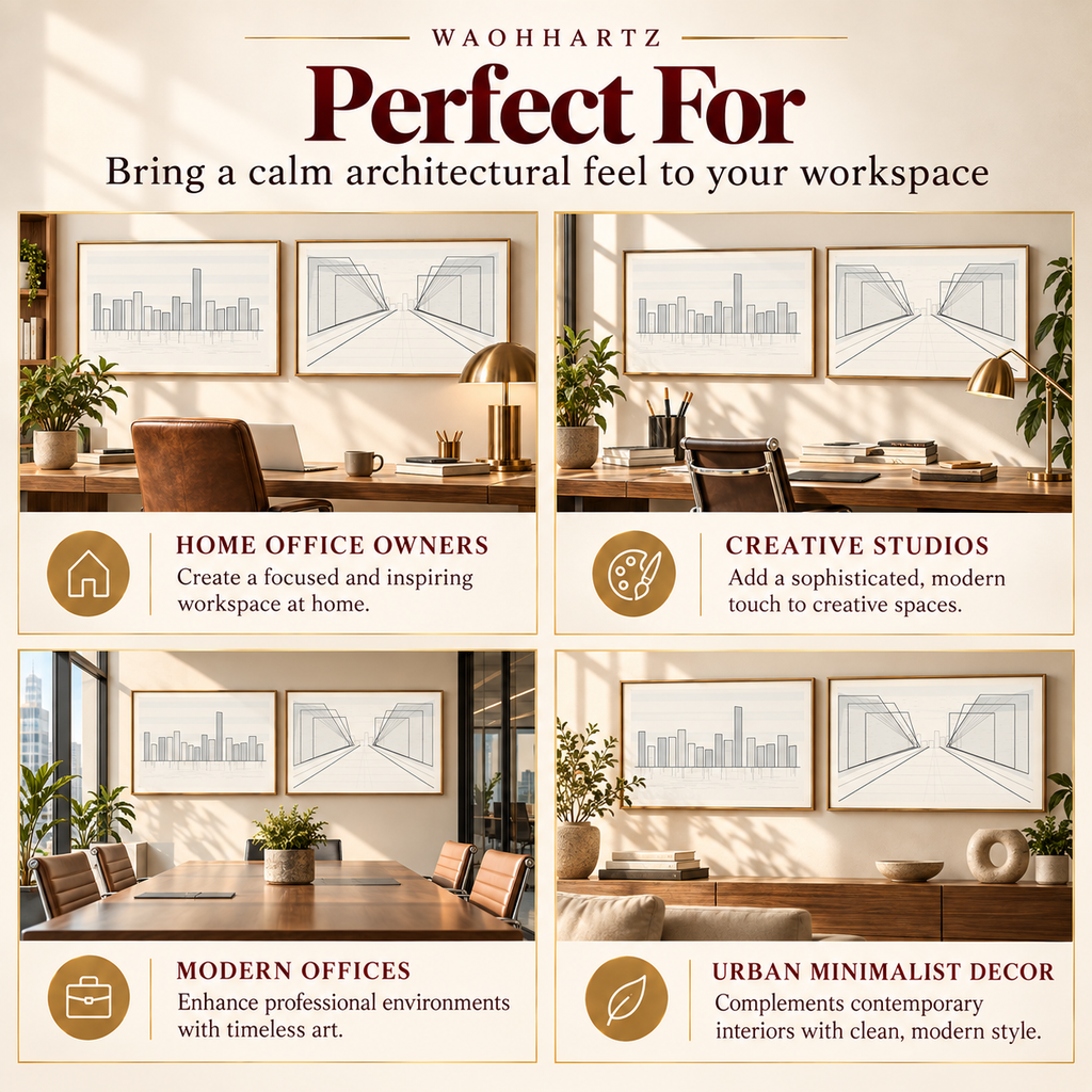 Urban Line Pair city skyline wall art shown in home office, creative studio, modern office and urban minimalist interiors.