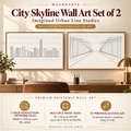 Urban Line Pair city skyline wall art set of 2 shown in a modern office with 36 x 24 in at 300 PPI and up to 60 x 40 in at 180 PPI.