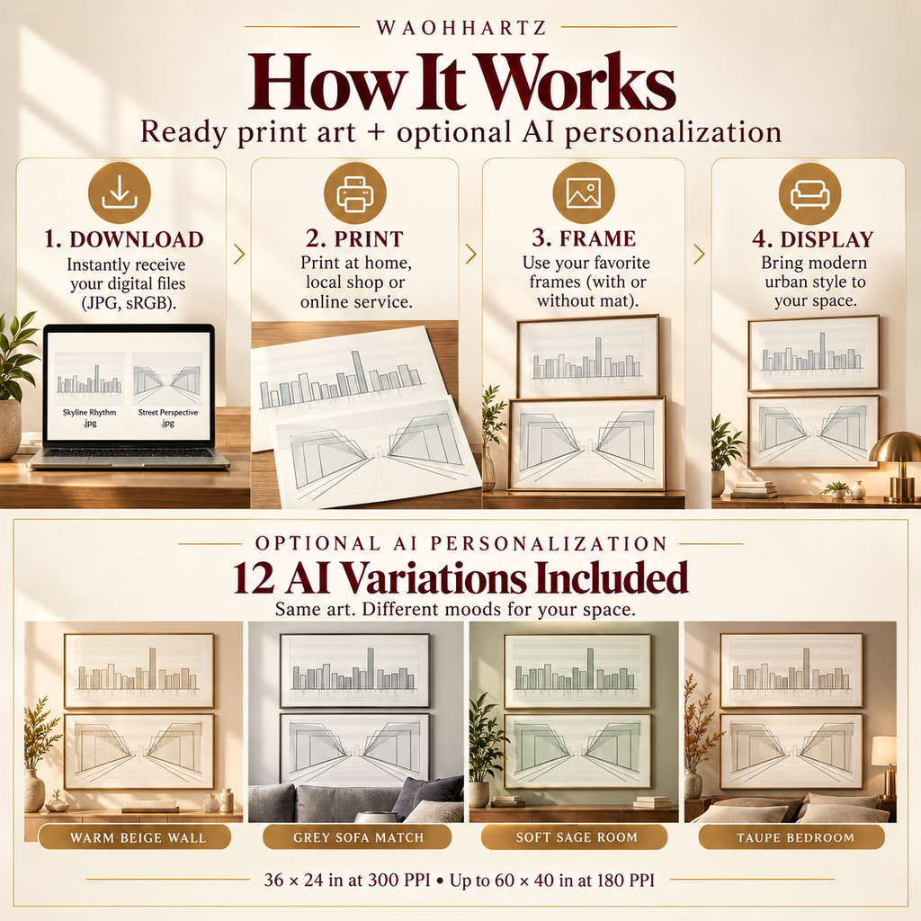 Urban Line Pair how it works image showing ready-print download, print and frame steps plus optional AI personalization examples in different room colour schemes.
