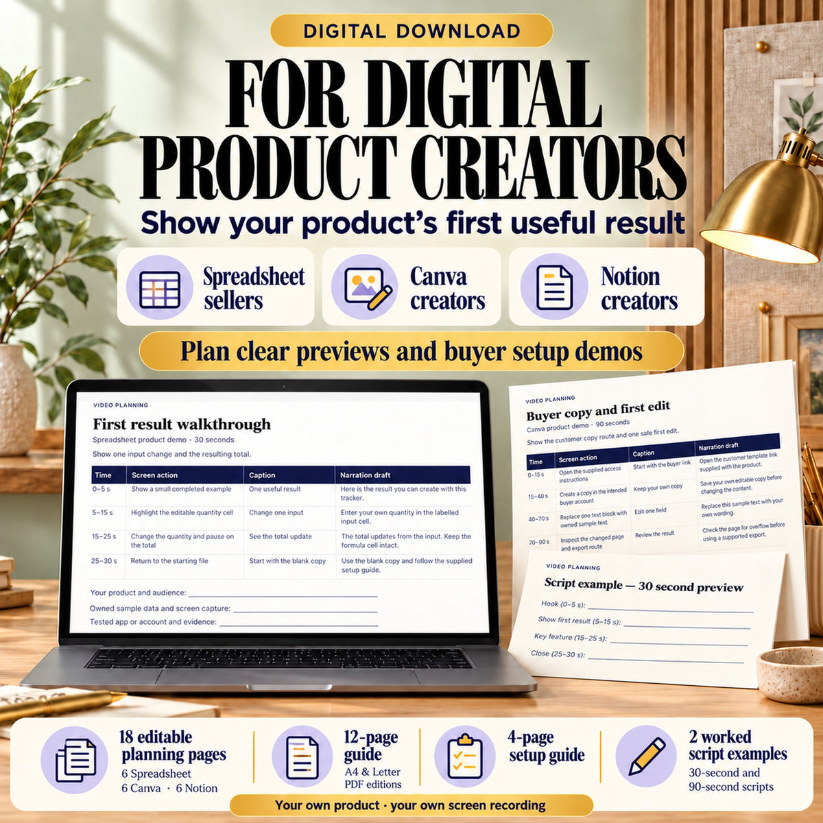 Video storyboard planning toolkit for spreadsheet, Canva and Notion creators showing buyer setup and first useful product actions.