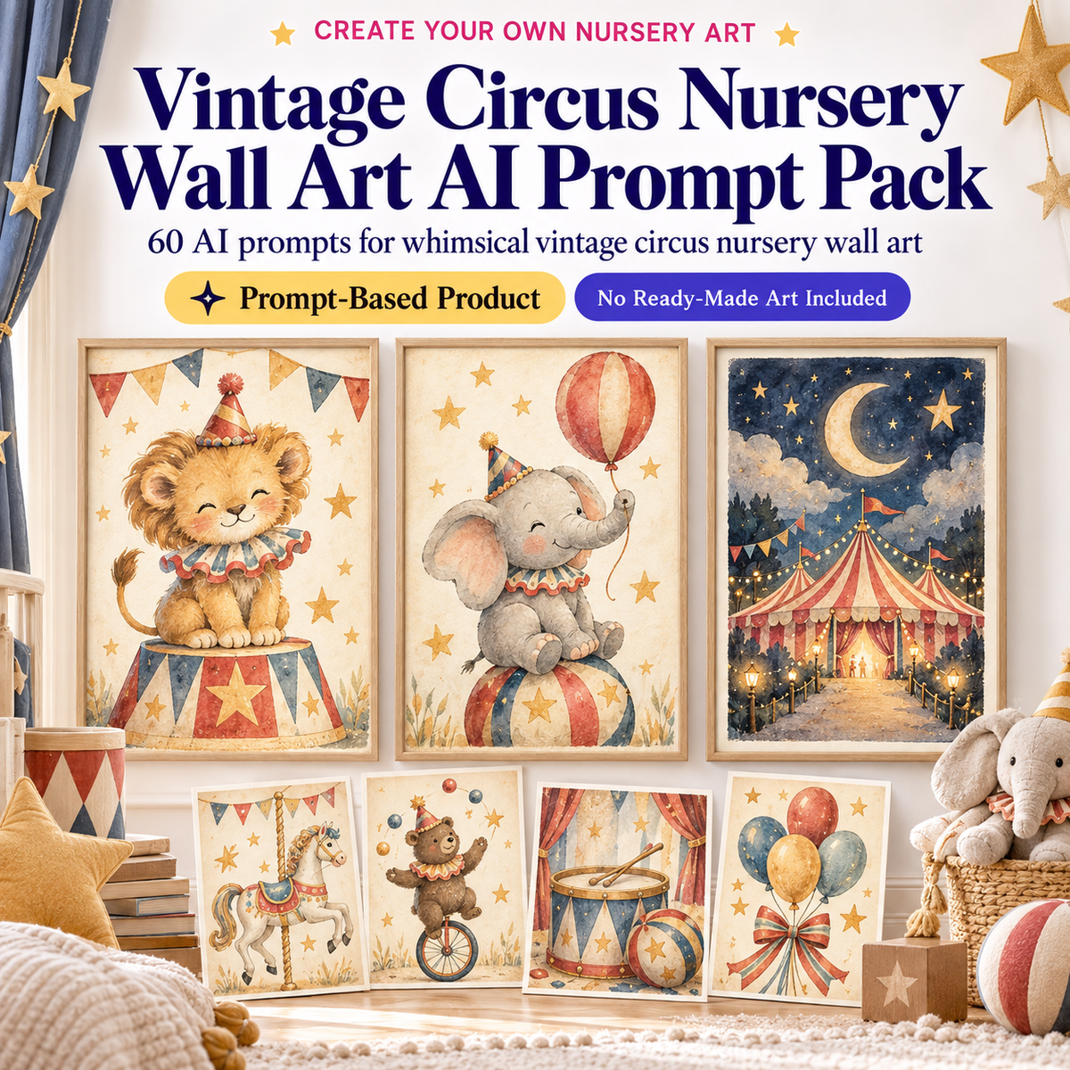 Vintage circus nursery wall art AI prompt pack with example circus art
