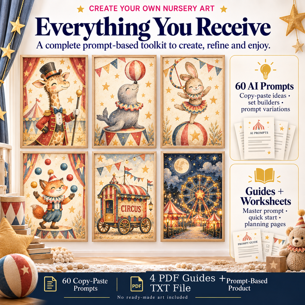 Vintage circus nursery wall art AI prompt pack contents and example outputs