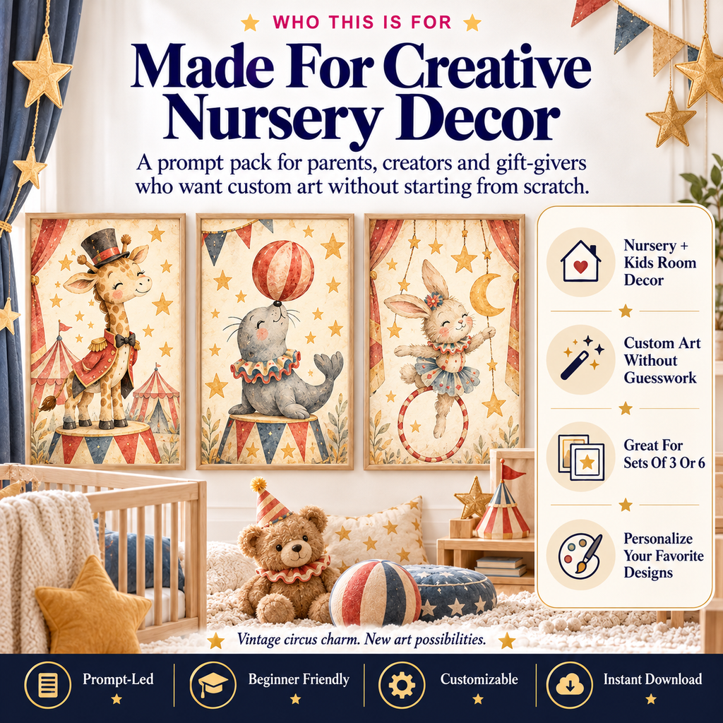 Vintage circus nursery wall art AI prompt pack for parents creators and nursery decor