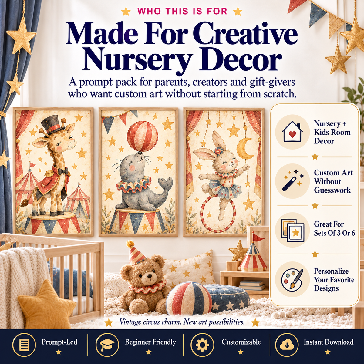 Vintage circus nursery wall art AI prompt pack for parents creators and nursery decor