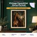 Vintage equestrian horse wall art portrait in a hunter green bedroom and living room style mockup