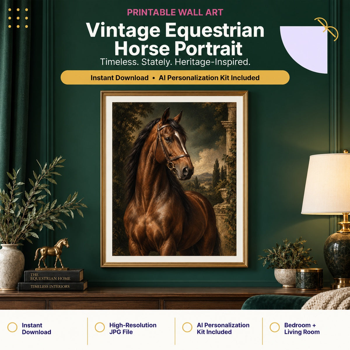 Vintage equestrian horse wall art portrait in a hunter green bedroom and living room style mockup