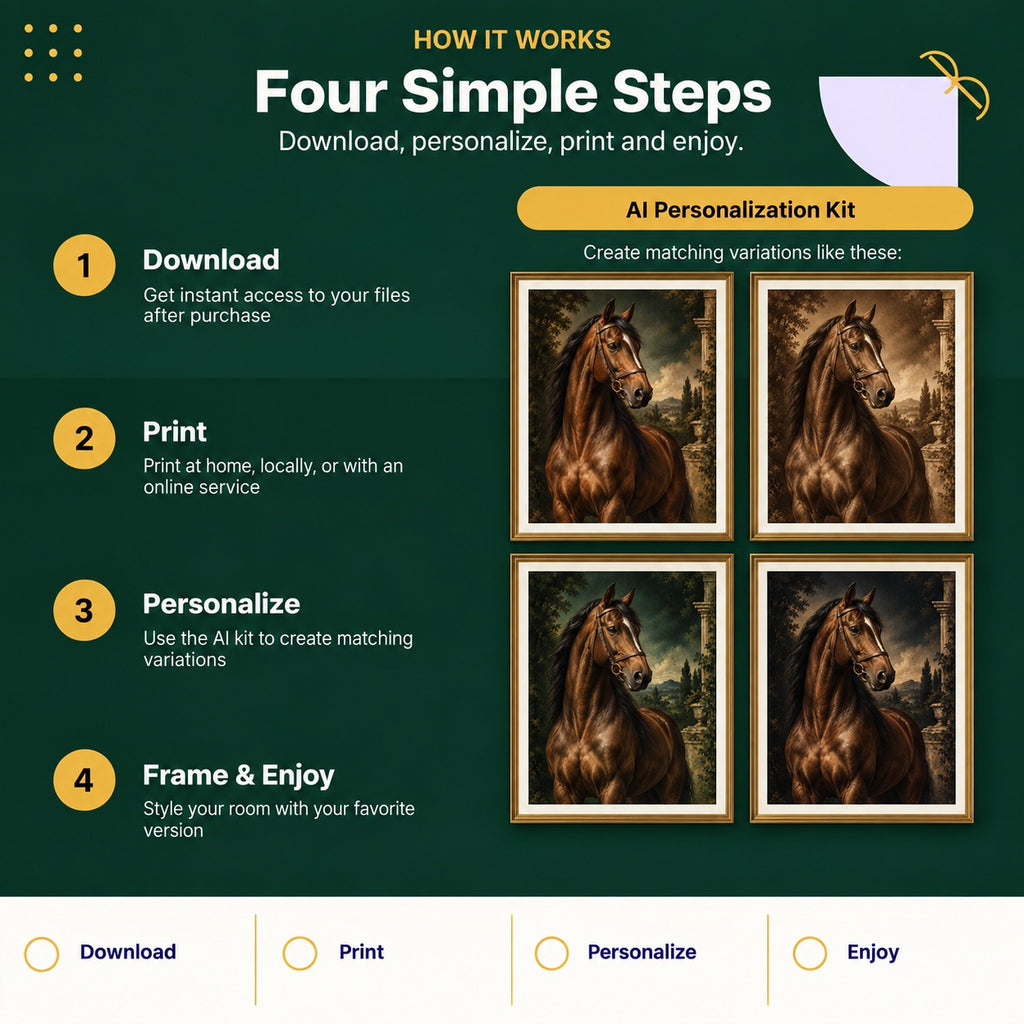 How to download, print, personalize and frame vintage equestrian horse wall art with AI personalization examples