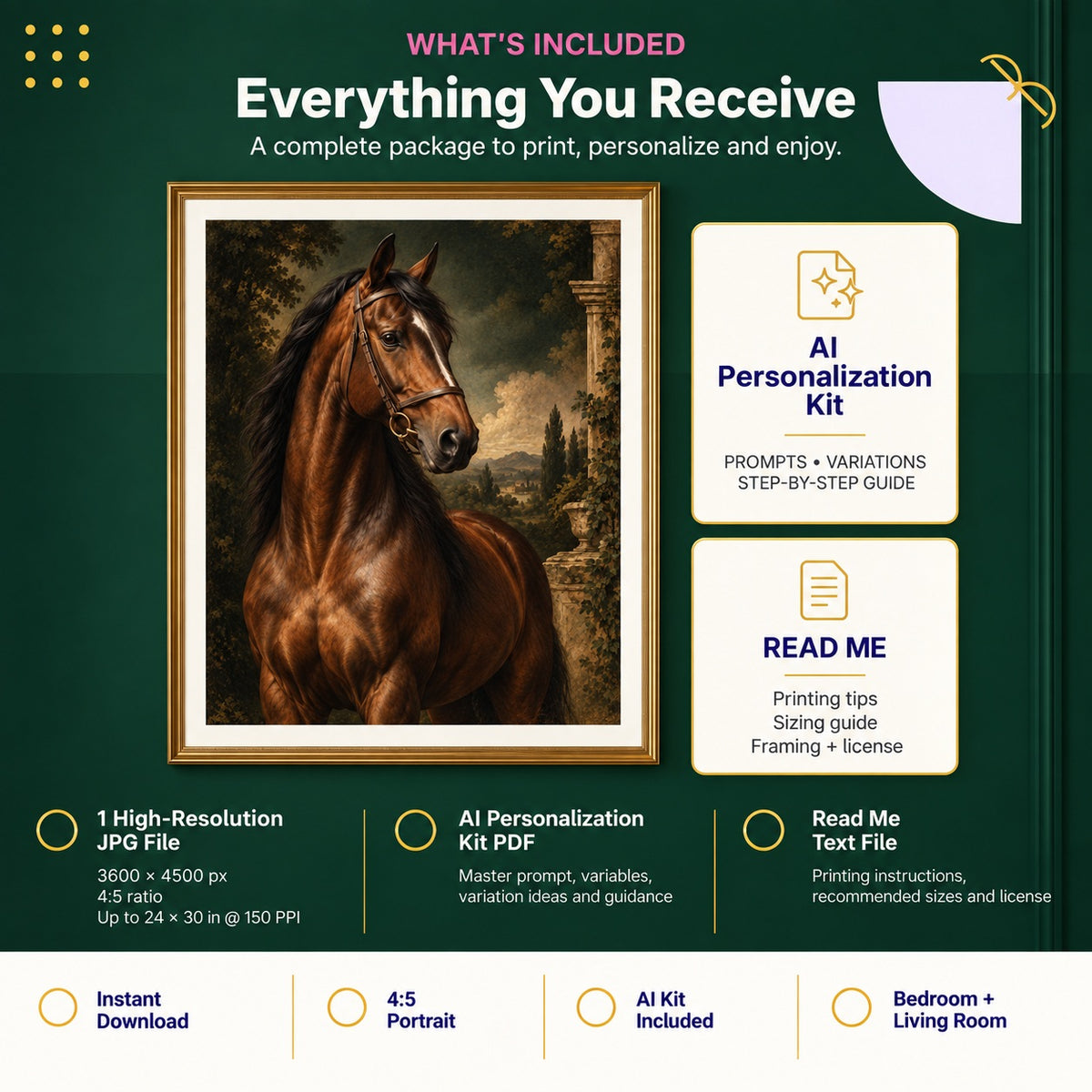 Vintage equestrian horse wall art digital download package with JPG, AI Personalization Kit and read me guide