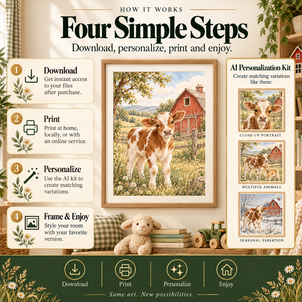 How to use farm nursery wall art: download, print, personalize with the AI kit and frame