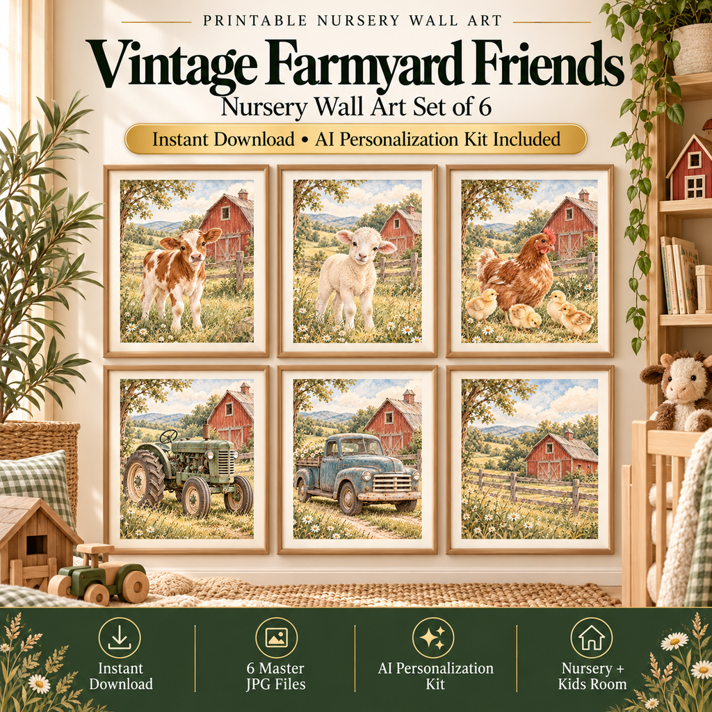 Farm nursery wall art set of 6 with vintage watercolor calf, lamb, hen and chicks, green tractor, farm truck and barn landscape