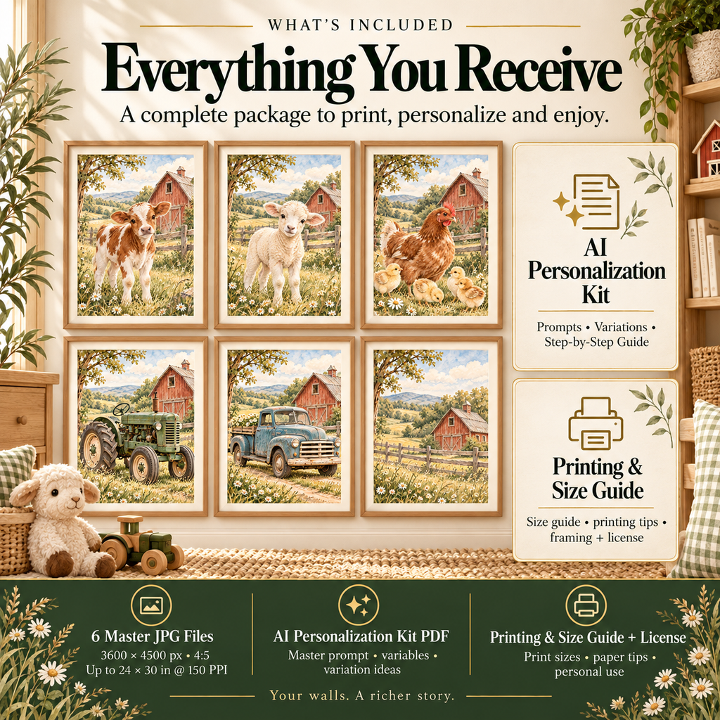 Farm nursery wall art files with six 3600 by 4500 px 4 to 5 master JPGs, AI Personalized Kit, printing guide and personal-use license