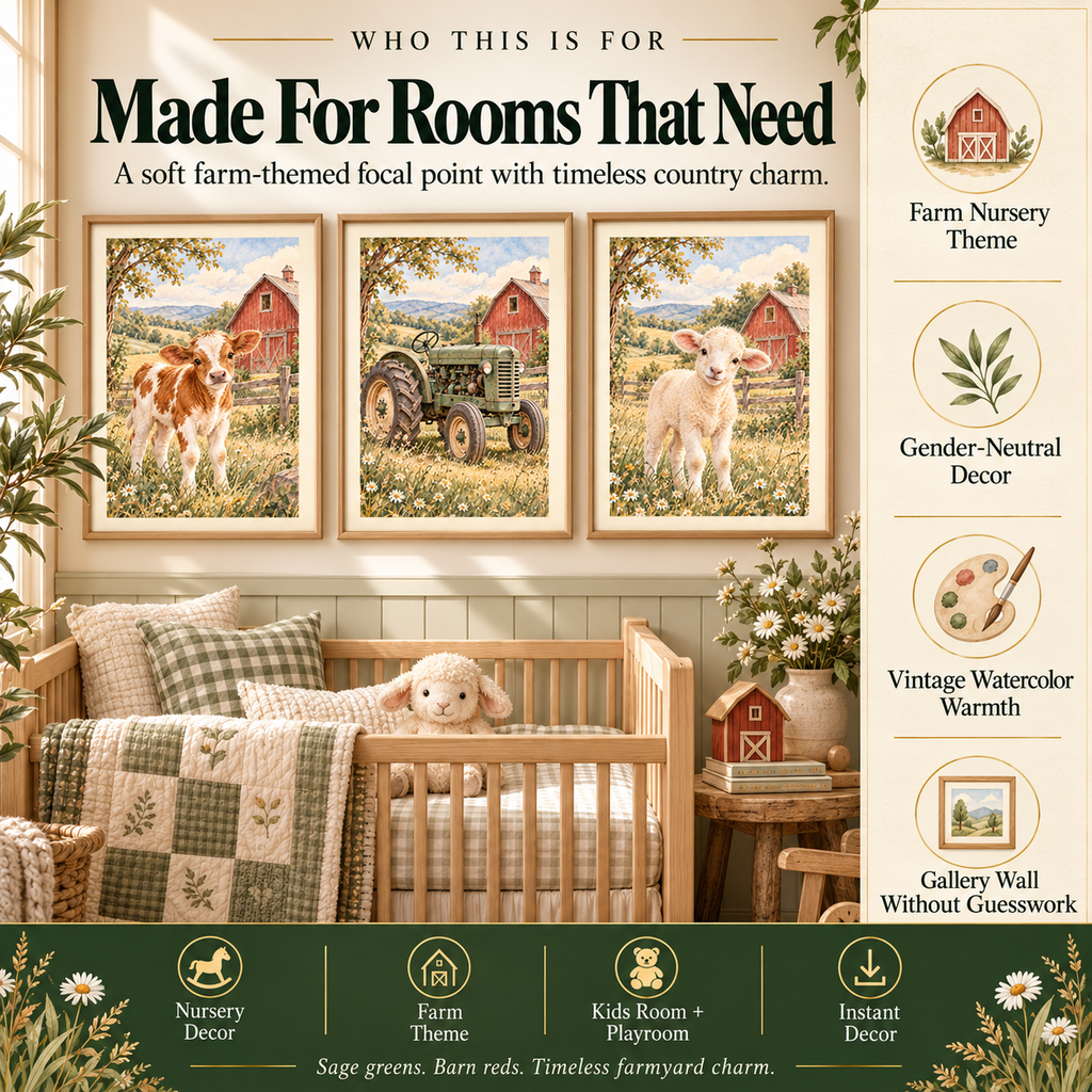 Farm nursery prints for farmhouse nurseries, country kids rooms, toddler bedrooms and playrooms in vintage watercolor style