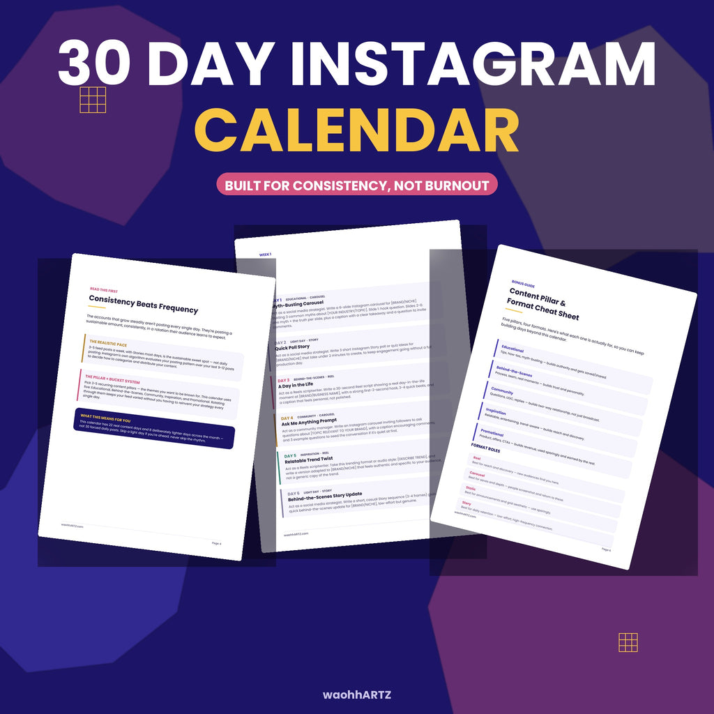 30 Day Instagram Content Prompt Calendar — Reels, Carousels & Stories — Instant Download PDF