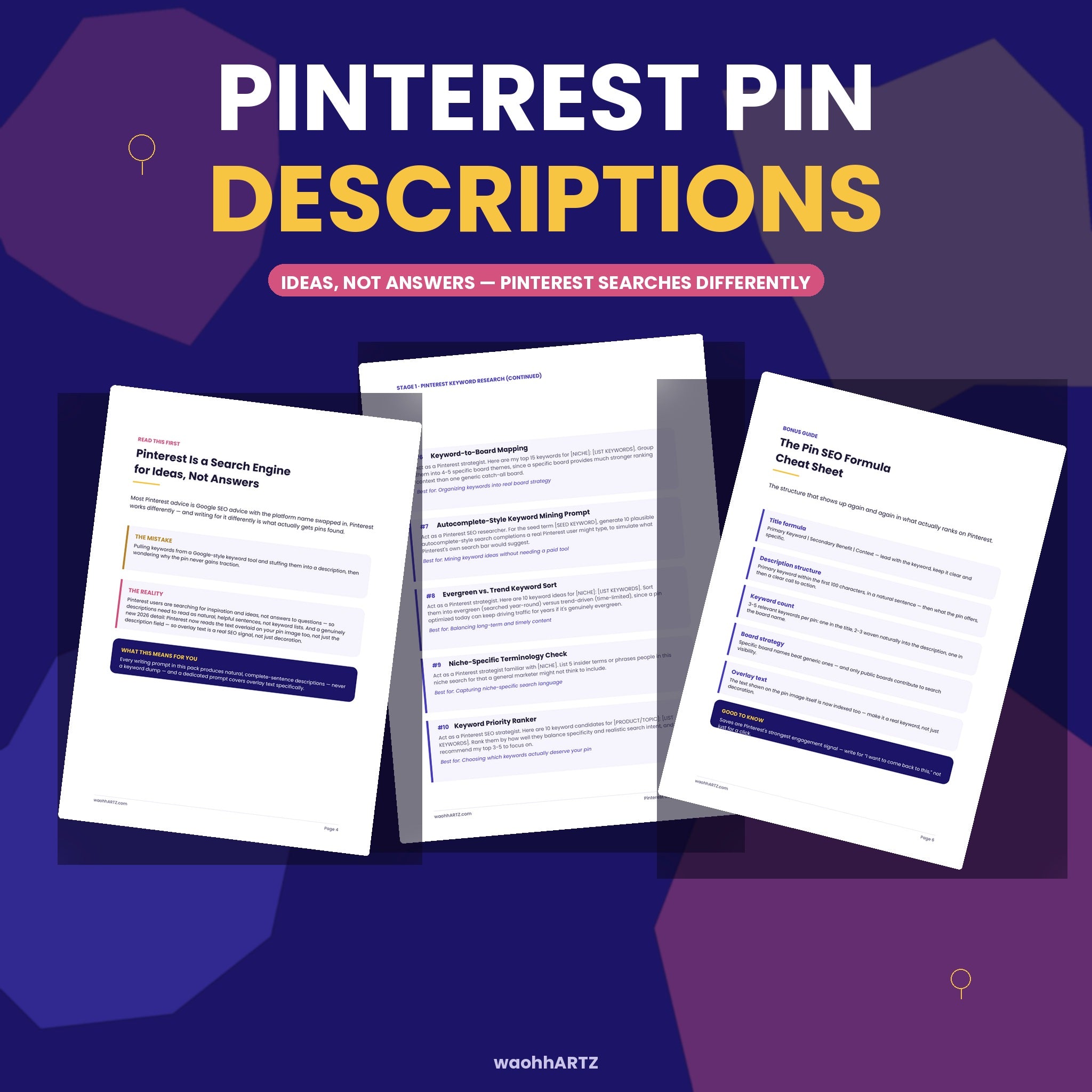 50 Pinterest Pin Description ChatGPT Prompts — Keywords, Titles & Board SEO — Instant Download PDF