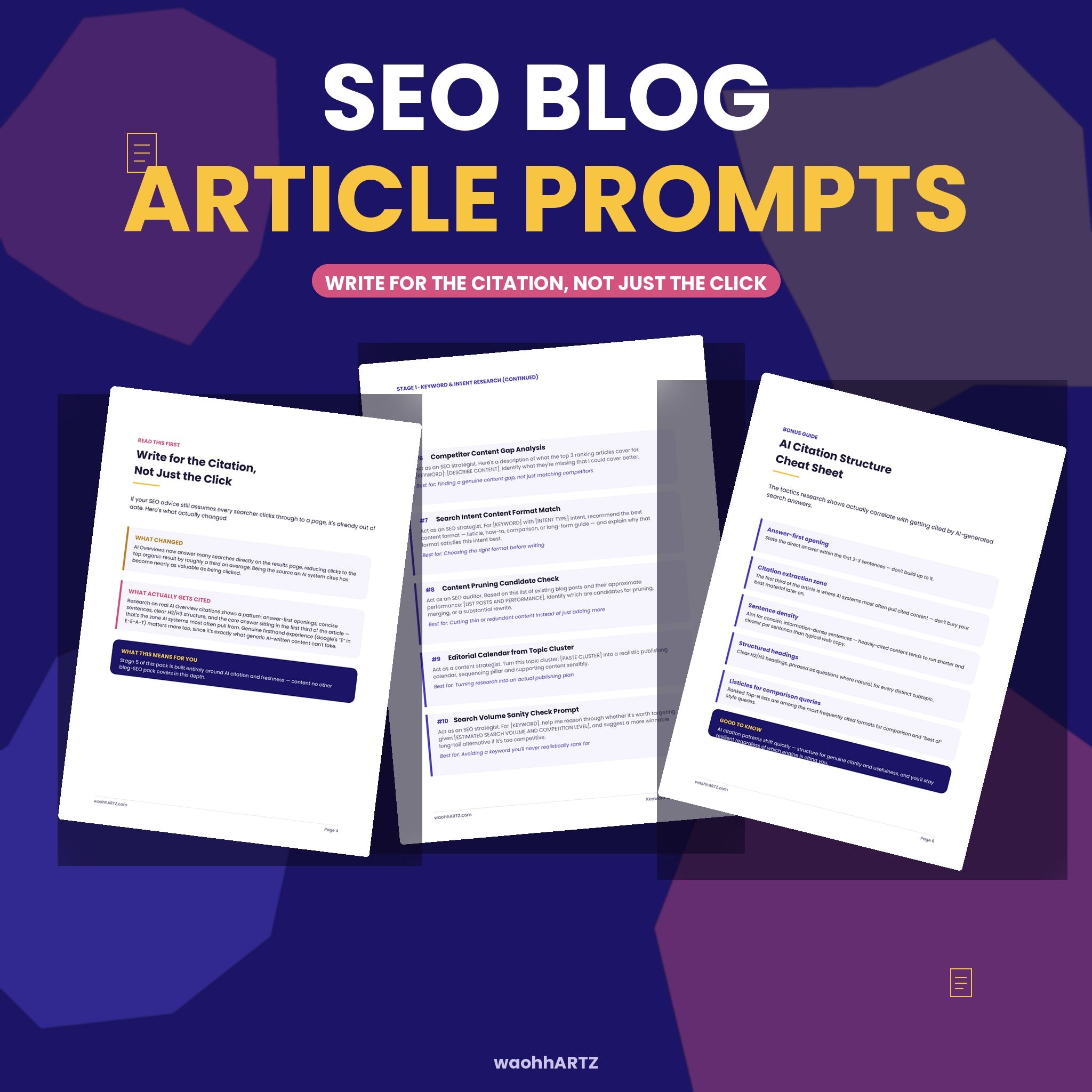 50 SEO Blog Article ChatGPT Prompts — Keyword Research, Structure & AI Citation — Instant Download PDF