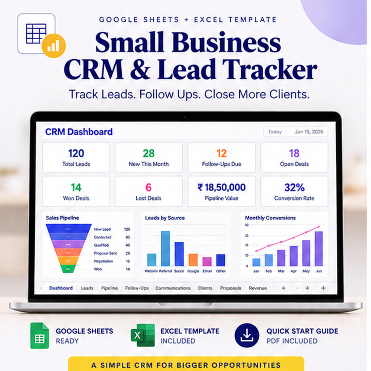 Small Business CRM and Lead Tracker dashboard template preview