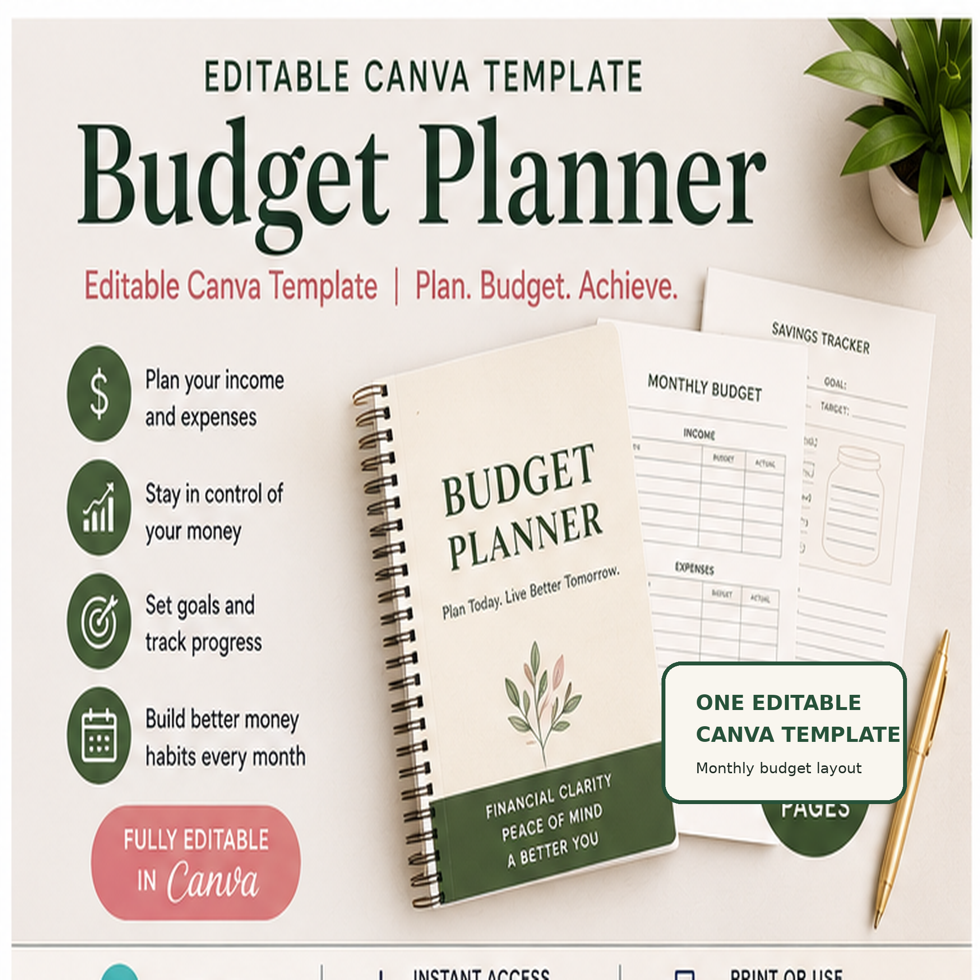 Editable Monthly Budget Planner Canva template — plan income, expenses, bills and savings