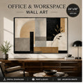 Modern geometric abstract wall art in a refined office and living room interior, landscape 24x16 ratio