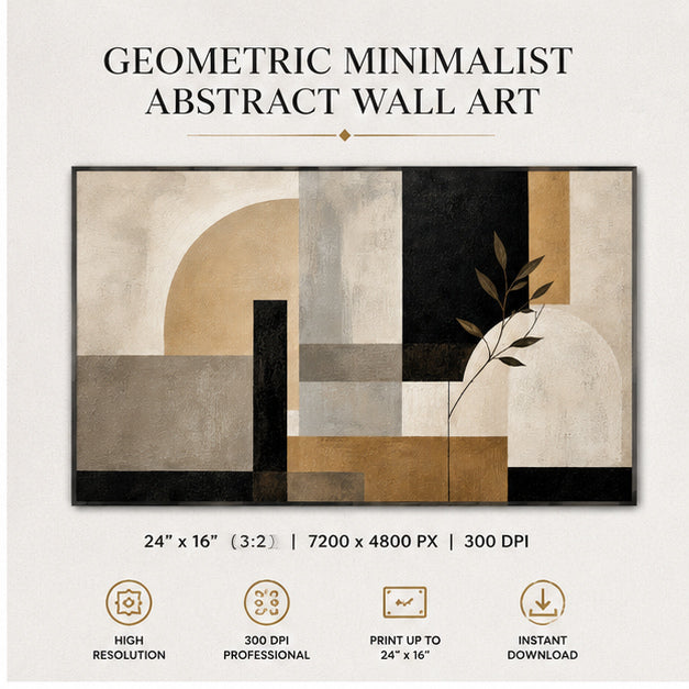 Modern geometric abstract wall art print specifications showing 24x16 inches, 7200x4800 pixels and 300 DPI
