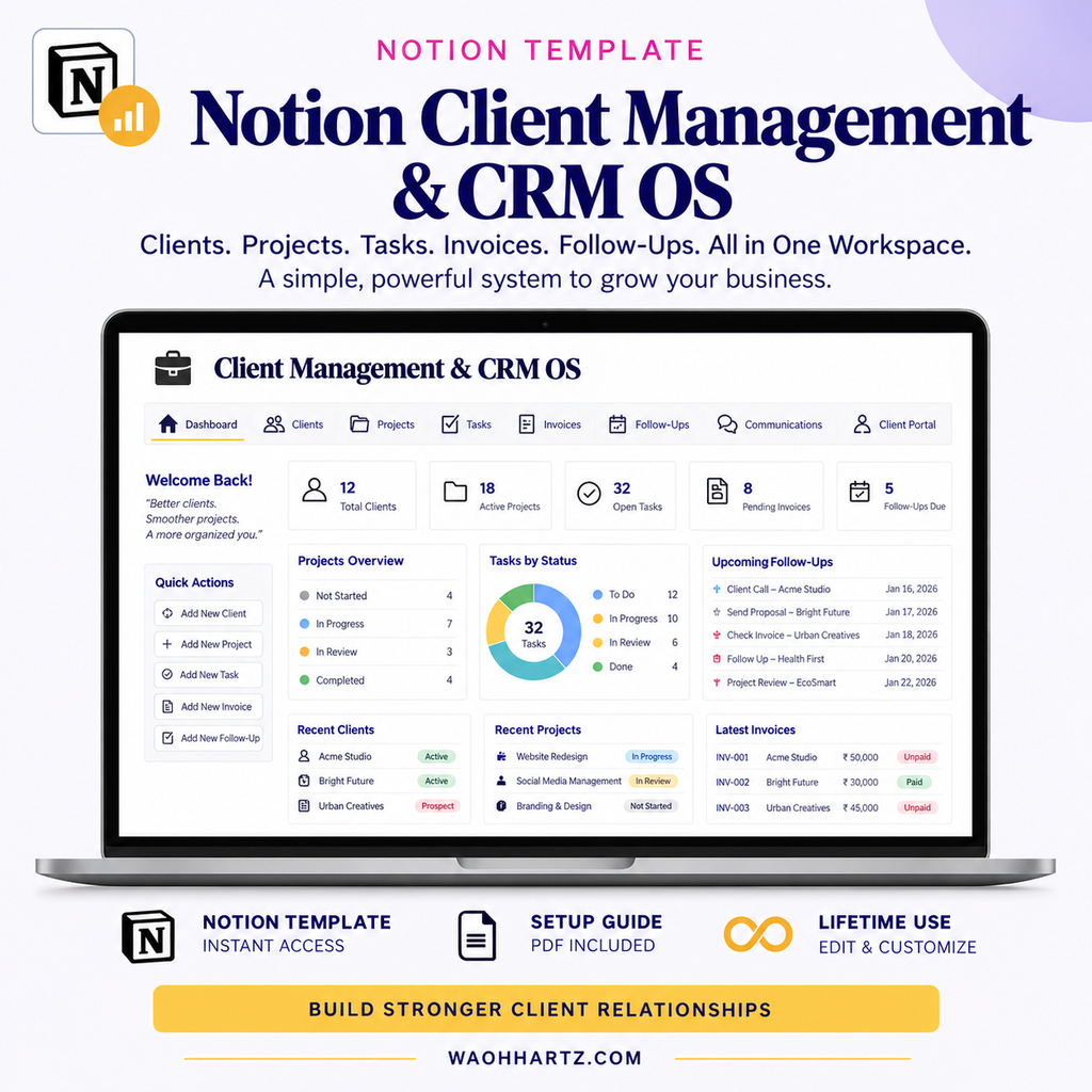 Notion Client Management and CRM OS dashboard template preview