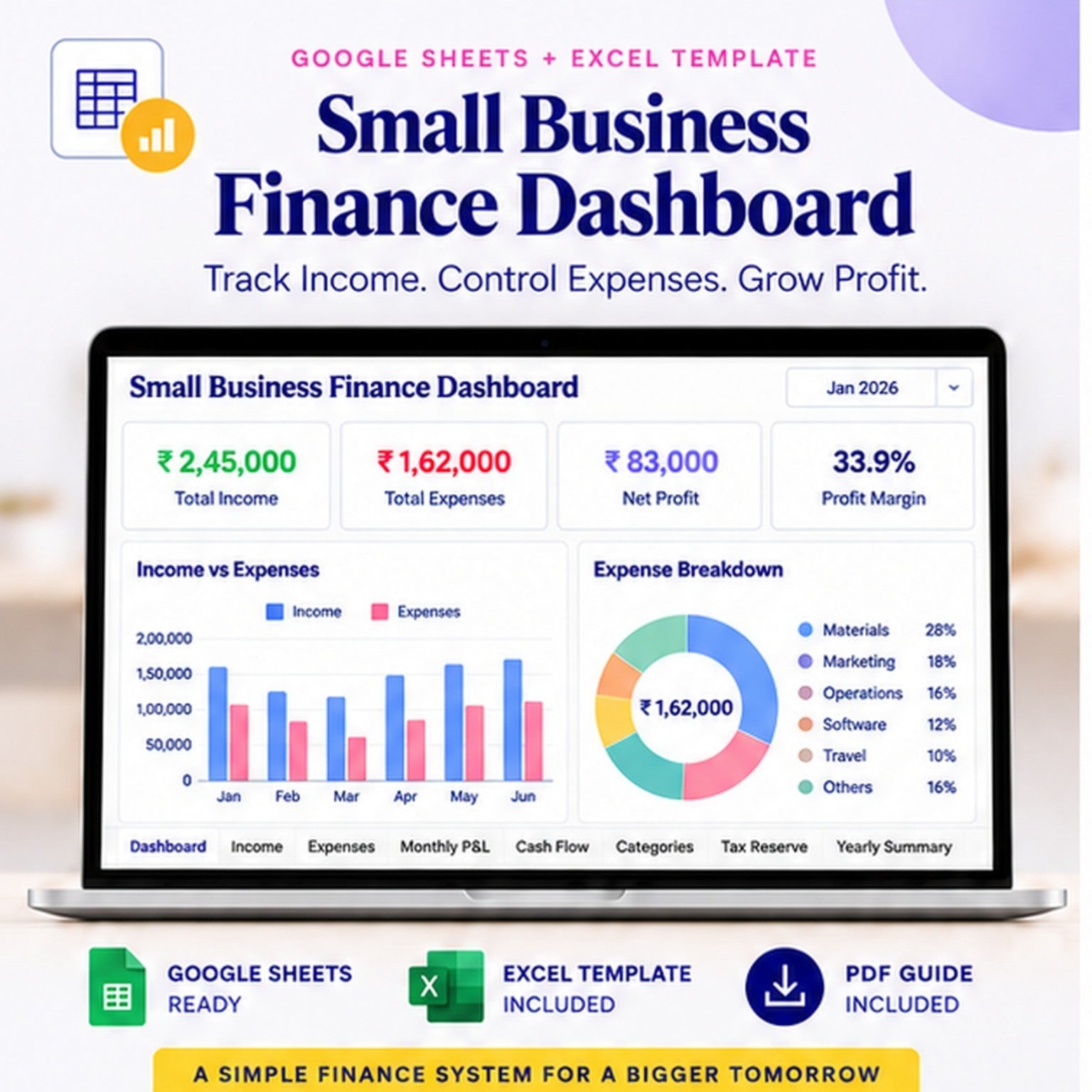 Small Business Finance Dashboard spreadsheet template showing income, expenses, profit and cash flow tracking